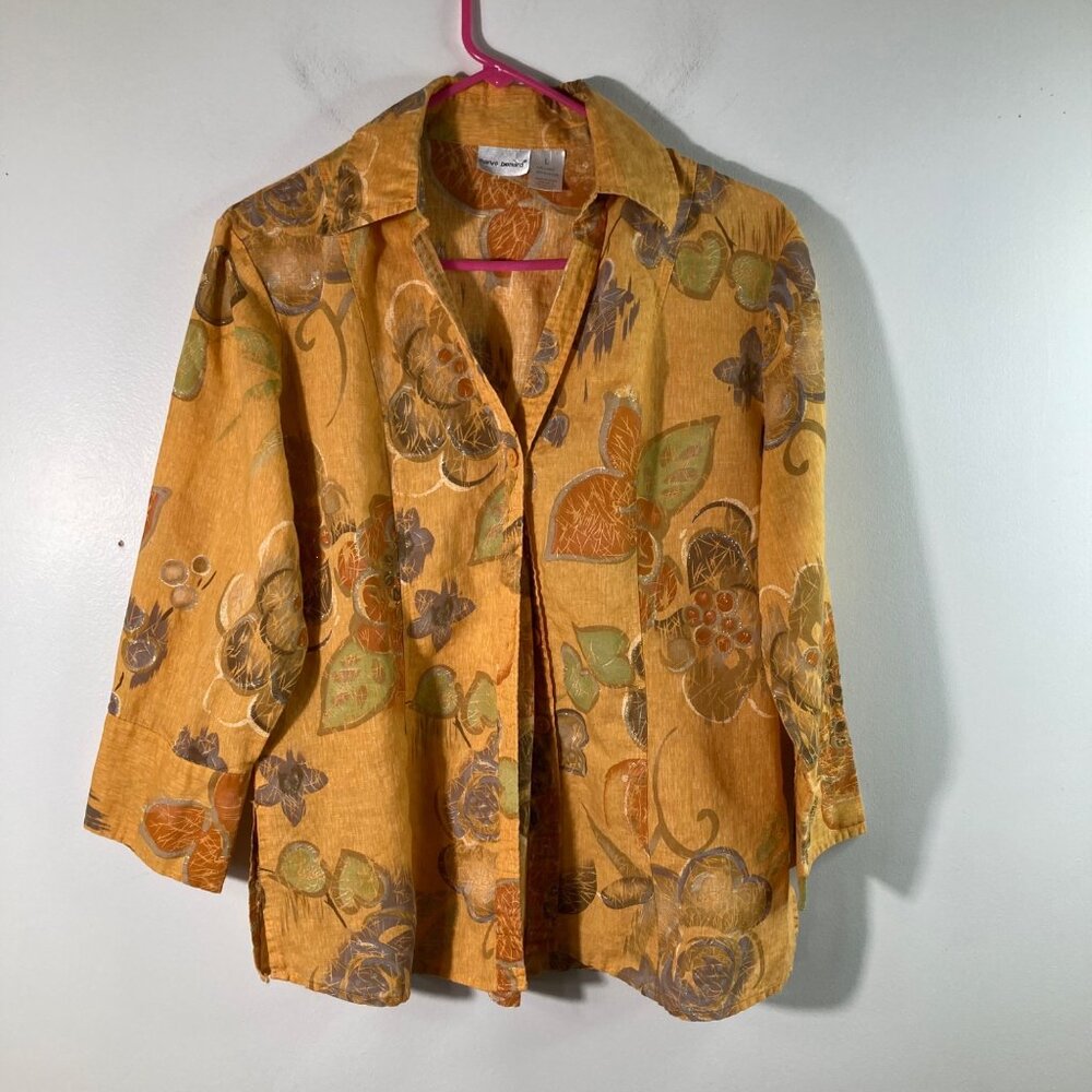 Womens Harve Benard Linen Blend Floral Button Shirt Peach Silver L 1/2 sleeve‎
